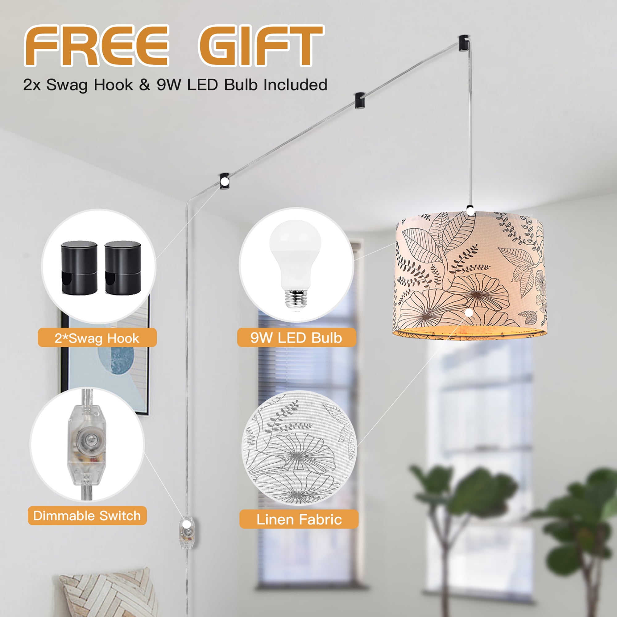 Cinkeda Plug in Pendant Light Dimmable Floral Hanging Lamp with Shade for Kitchen Island Bedroom Living Room(Bulb Included)