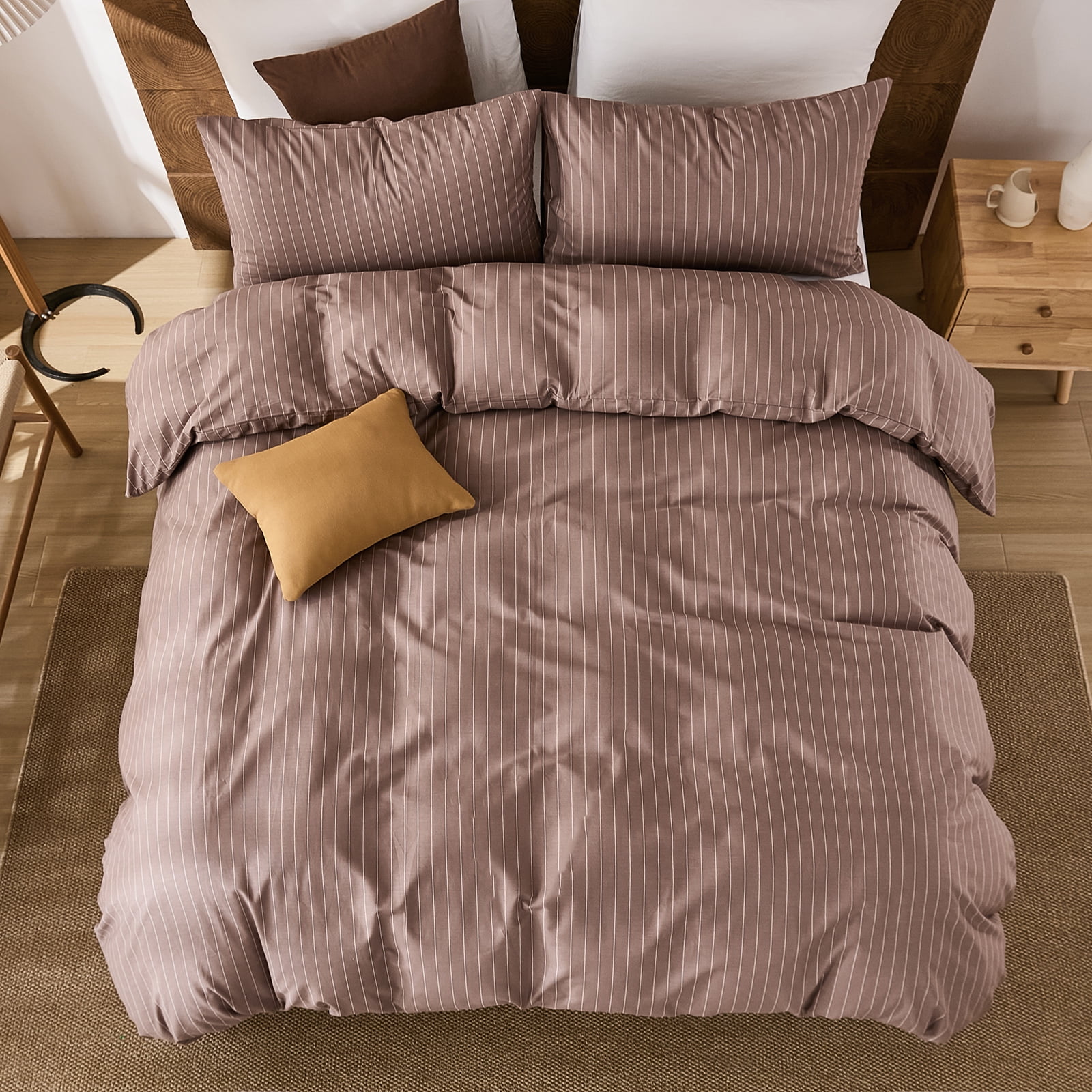 Brown Striped Duvet Cover Set Queen Size, 100% Natural Cotton Linen Like Duvet Cover Set with Zipper Closure & 8 Corner Ties, Brown Khaki Soft Reversible Bedding for All Seasons