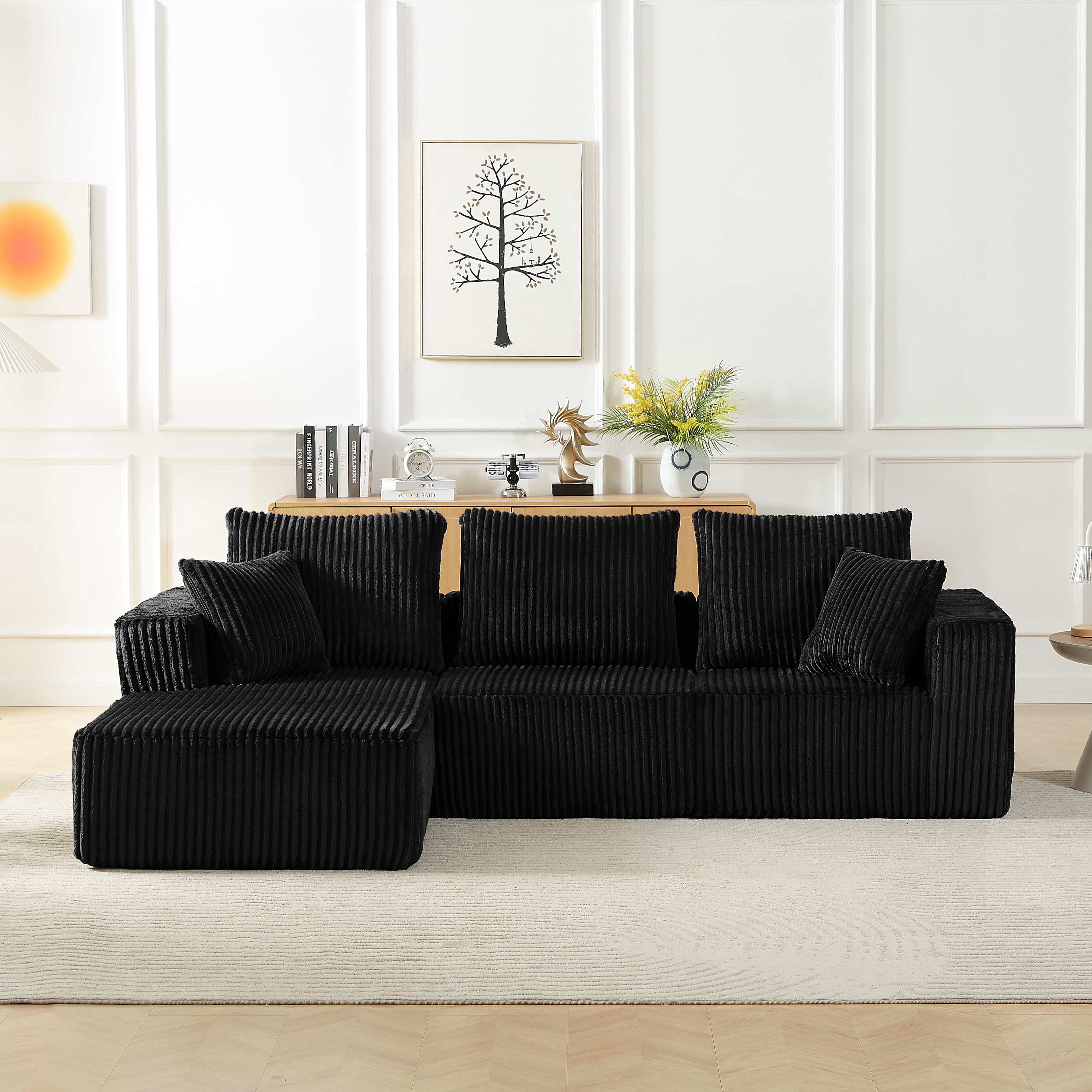 MAYEERTY Corduroy Cloud Sectional Sofa with Deep Seat, Modern Modular Couches for Living Room, 103*66*24"Black