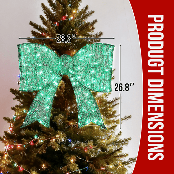 28.3in Pre-Lit Outdoor Christmas Bowknot, 124 Warm White LEDs, Sparkling Tinsel Fabric, Collapsible for Indoor/Outdoor Use