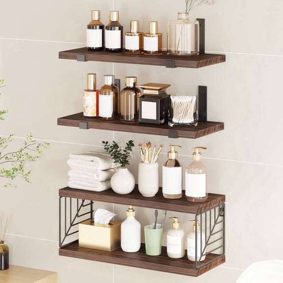 Fairy Bathroom Floating Shelves, 4 Tiers 15.8in Rustic Wood Wall Decor for Bathroom, Kitchen, Living Room, Rustic Brown