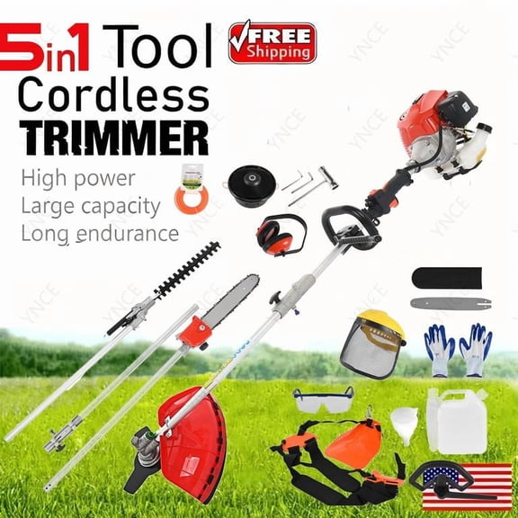 YNCE Weed Eater Gas Powe 52cc - 2 Cycle, 5 in 1 Grass Trimmer, Gas Hedge Trimmer, String Trimmer, Brush Cutter, Pole Saw with Extension Pole, Multi Functionallandscaping Tools & Equipmen
