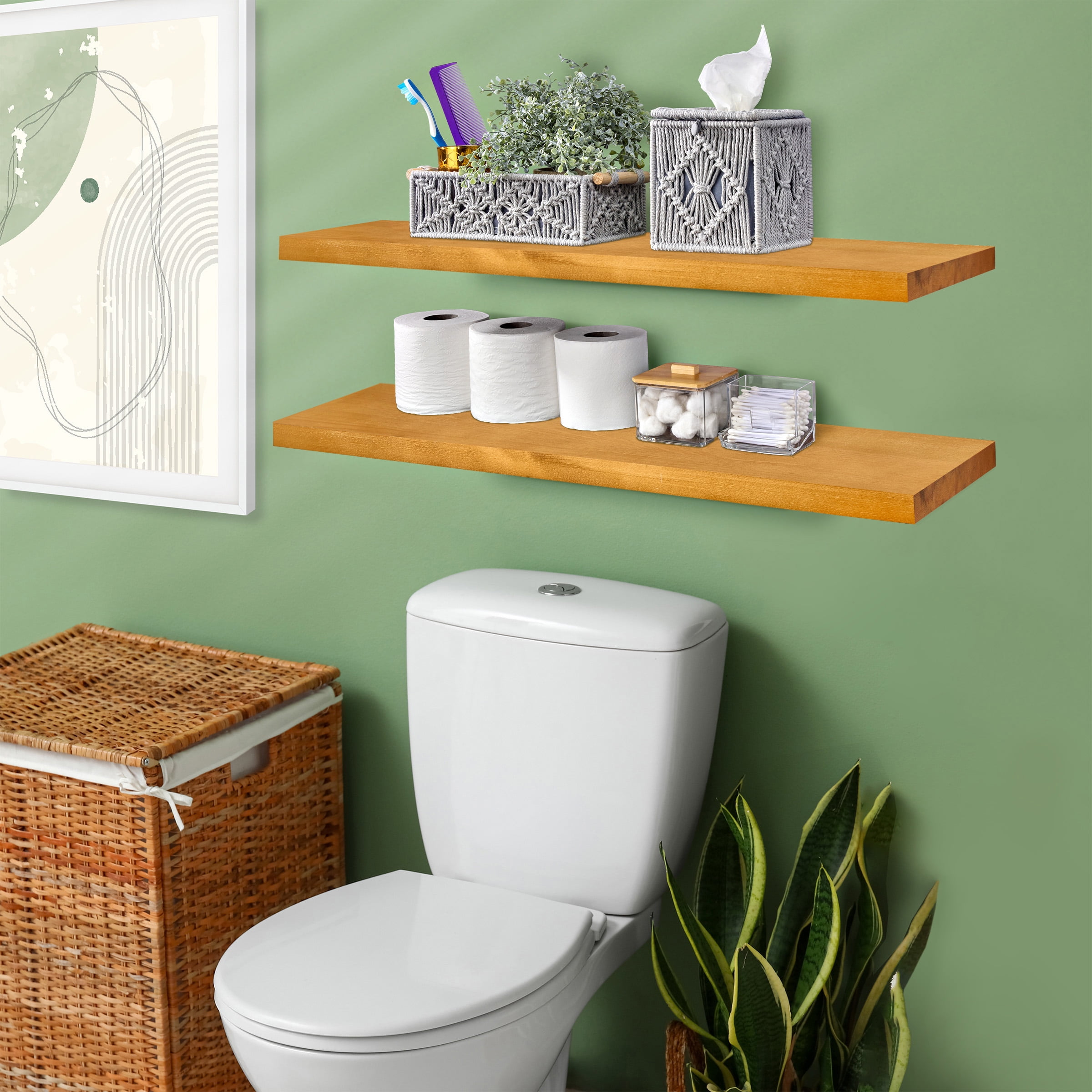 Sorbus Wood Floating Shelves for Wall - 35” Solid Wood Wall Shelves for Bathroom Decor, Books, Bedroom & Living Room - Set of 2 Wall Mounted Kitchen Shelves - Durable 100% Premium Solid Pine