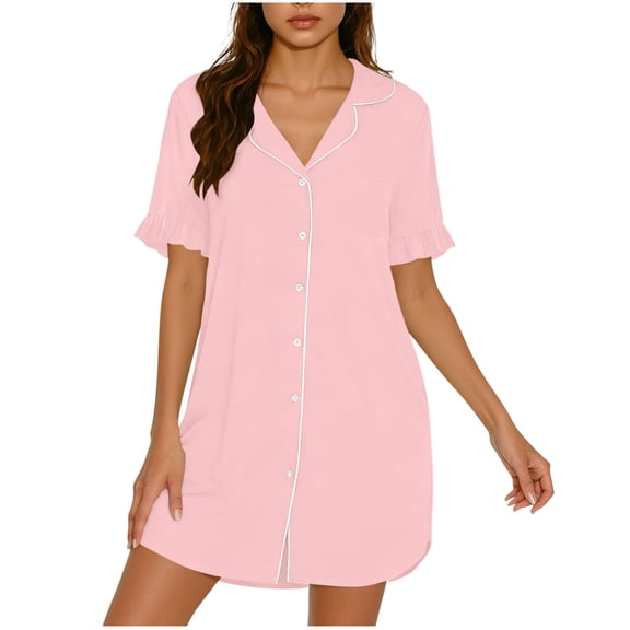 BUIGTTKLOP Womens Nightgowns Ruffle Short Nightshirts Button down Knee Length Sleep Dress Loose Fitted Pajamas Dress