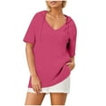 thumbnail image 4 of Lenpel Hoodies for Women Trendy Summer Short Sleeve V Neck Curved Hem Pullover Tunic Tops Loose Casual Blouses, 4 of 6