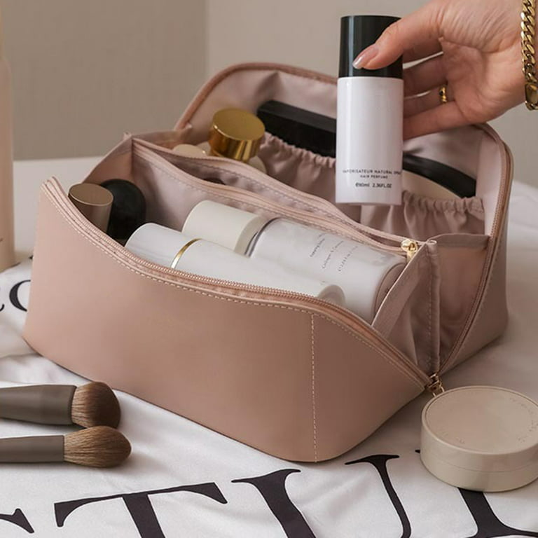 ZAUKNYA Large Capacity Travel Cosmetic Bag - Makeup Bag, Portable Leather  Waterproof Women Travel Makeup Bag Organizer, with Handle and Divider Flat