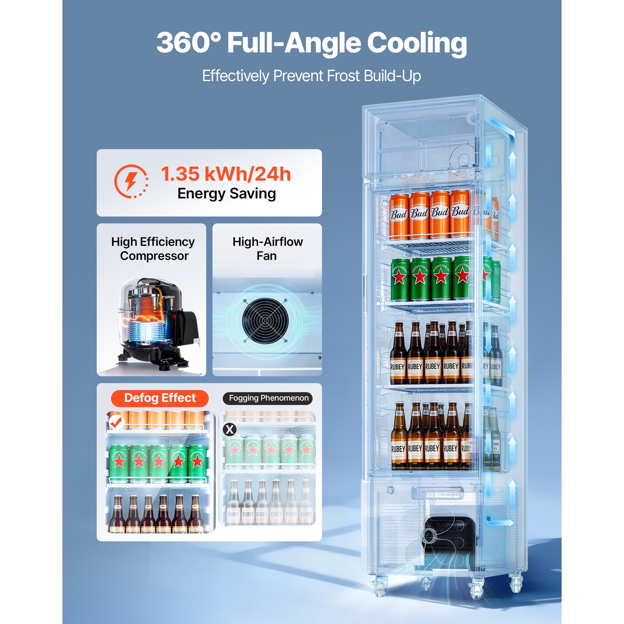 KFFKFF Commercial Glass Door Refrigerator, 6.1 Cu.Ft / 173 L Upright Beverage Cooler with Adjustable Lightbox, 3 Shelves & LED Lighting for Home or Business Use