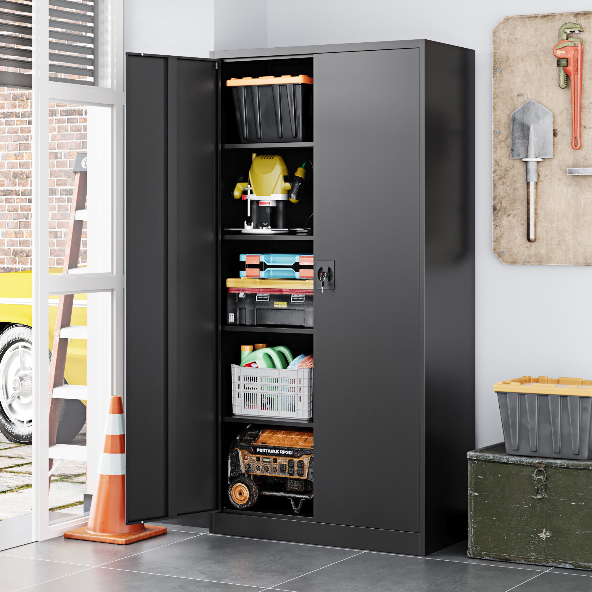 Fesbos Metal Storage Cabinet with Locking Doors, Black Garage Lockable Steel Cabinets with 2 Doors and 4 Shelves for Home, Garage, Pantry Workshop Warehouse