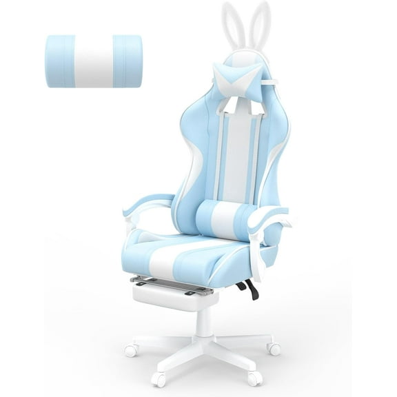 Ferghana Kawaii Bunny Ears Gaming Chair, Cute Gamer Chair with Footrest and Massage, Leather Ergonomic Computer Game Chairs for Girls Adults Teens Kids Light Blue