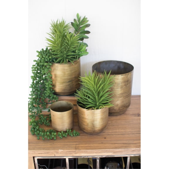 SET OF FOUR METAL FLOWER POTS - AGED BRASS FINISH