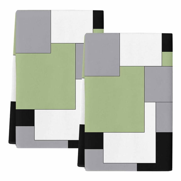 Dish Towels, Abstract Absorbent Kitchen Towels 2 PCS, Square Green Black Grey White Microfiber Hand Towels Dish Cloths Tea Towels for Home Bathroom Cleaning Drying,18X28-Inch,