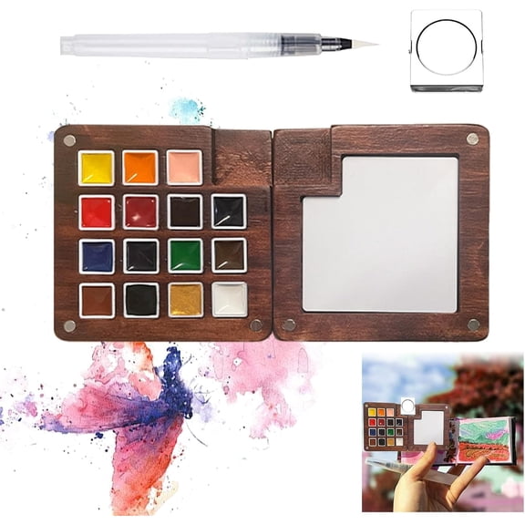Vggrvlo Watercolor Kit Pocket Artist Water Color Travel Set 24 Color Pocket Artist Watercolor Travel Kit with Picture Book 15 Grids Portable Wooden Paint Palette Travel Kit for Beginners