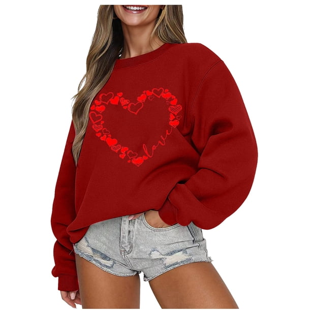 Gibobby Sudadera con forro polar Mujer Sudadera del día de San Valentín Camisas de corazón de amor para mujer de San Valentín Tops de manga larga (5)(Rojo, M)