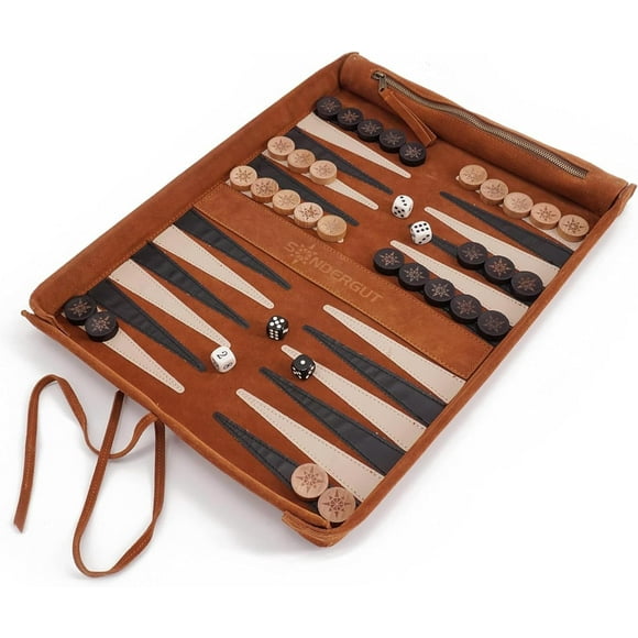 Sondergut Jeu de Backgammon en Daim Portable - Design Élégant Pierres en Bois Gravées Pop-Up - Idéal pour Voyage en RV, Croisière, Avion, Camping, Ba