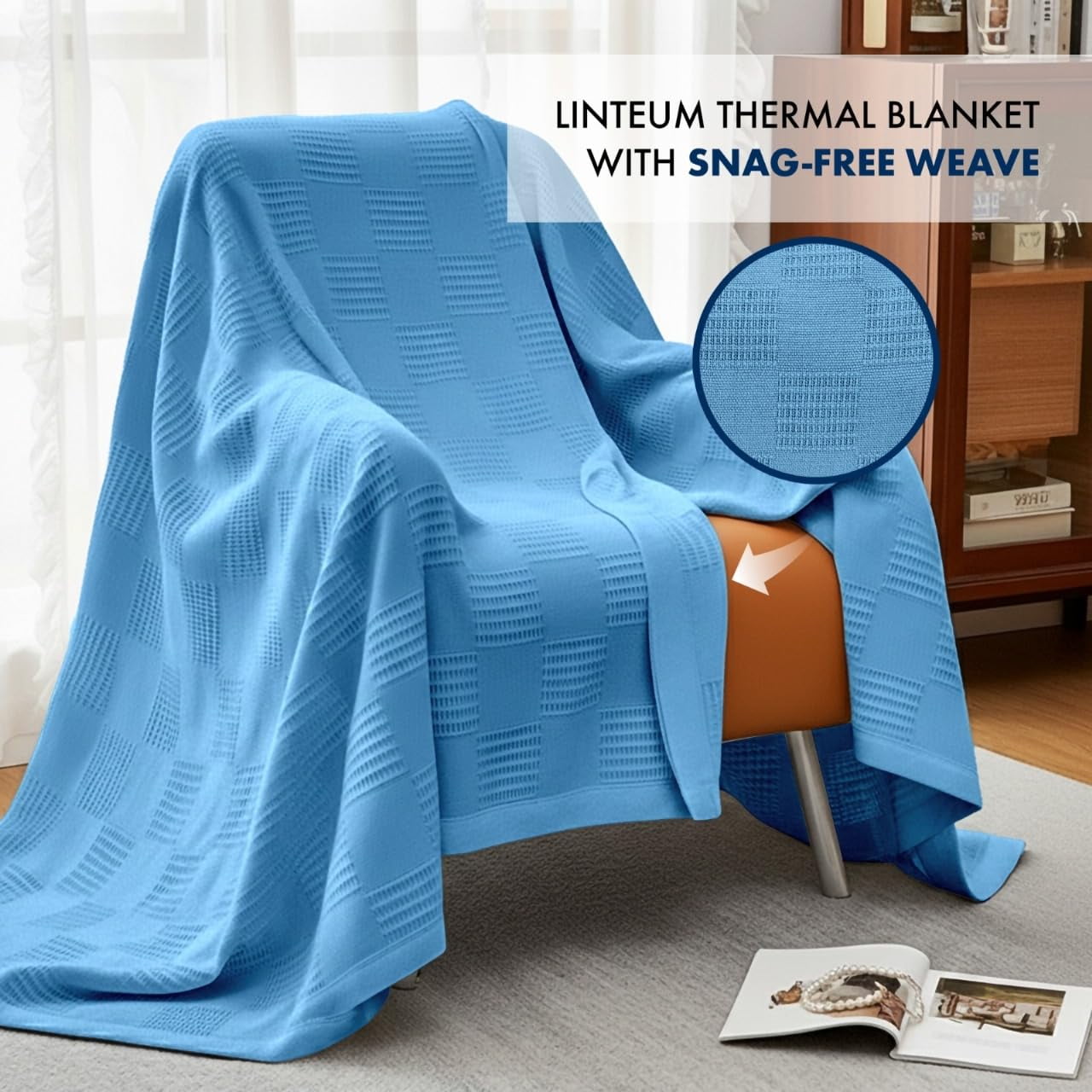 Linteum Textile Supply 100% Cotton Thermal Snag-Free Blanket (Blue, Twin) 66x90 in