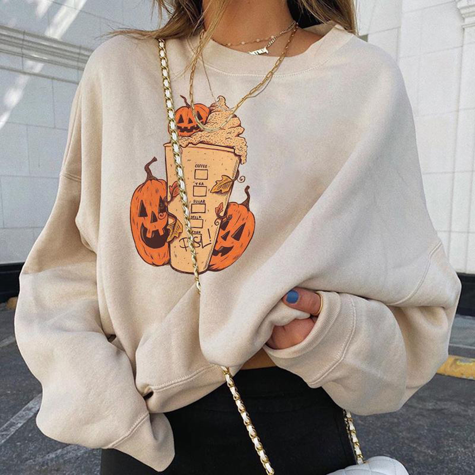 Print Sweatshirts for Women Pumpkin Print Sweater Halloween Skull Long Sleeve Pullover Tops Lightweight Sweatshirt 