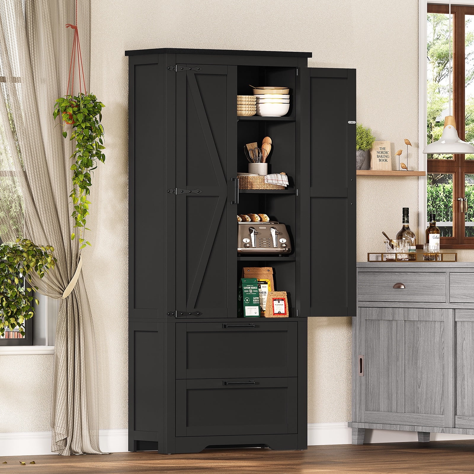 66.2" H Storage Cabinet with 2 Drawers, Farmhouse Kitchen Pantry Cabinet with 3 Doors & Adjustable Shelf, Handbag Storage Organizer, for Living Room, Kitchen, Bedroom, Black
