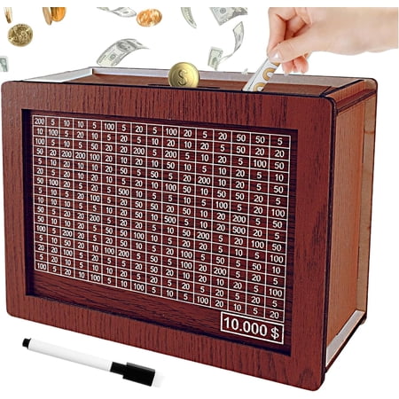 Savings Challenge Box, 10k Wooden Piggy Bank with Counter, Money Saving Box for Kids and Adults, Savings Goal of $10000, Easy to Assemble Cash Vault, Ideal Gift (Dark Brown)