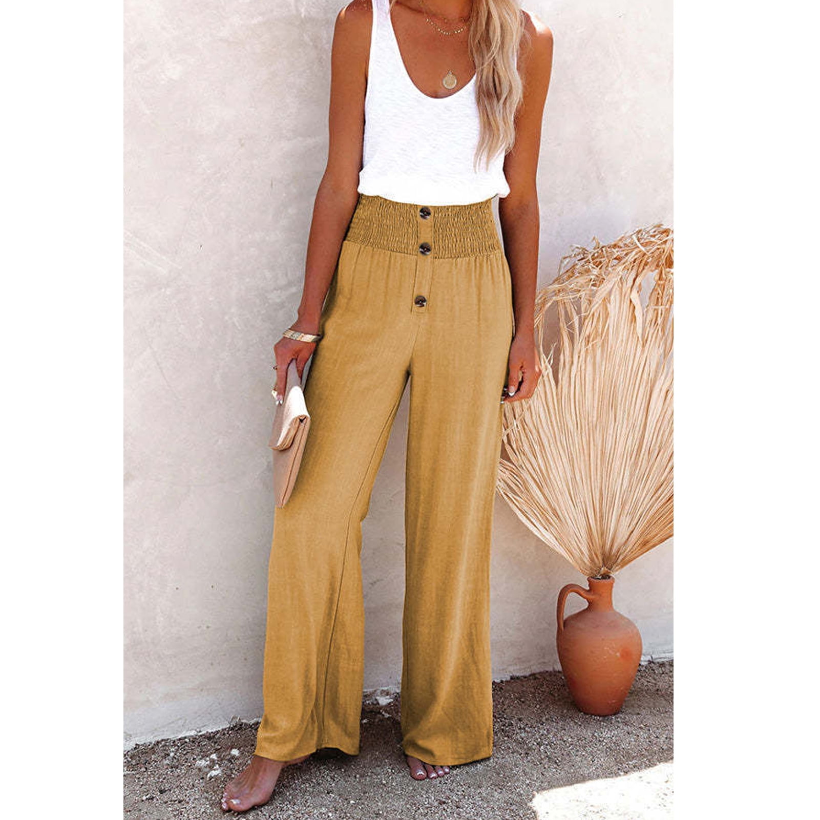 Women Wide Leg Trousers Button Trim Pants High Waist Back Elastic Waistband Casual Bottoms for Daily Life Holiday Date Khaki XXL