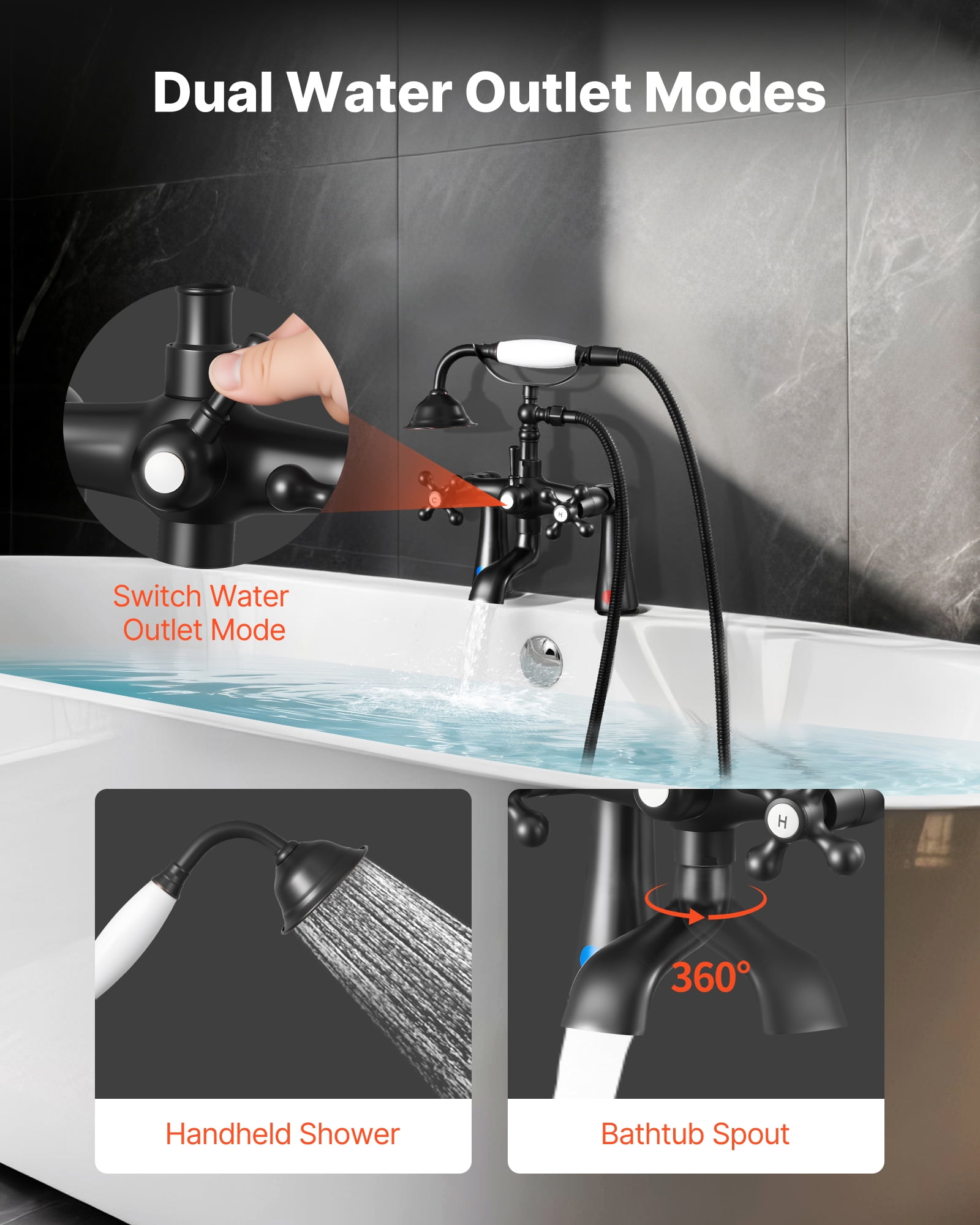 VEVOR Clawfoot Tub Faucet, Deck Mount Bathtub Faucets with Handheld Shower, Vintage Oil-Rubbed Bronze Clawfoot Tub Filler Faucet Shower Kit with 360° Rotation Spout & 59-inch Long Hose for Bathtubs