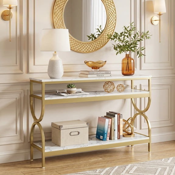 Finmind Entryway Console Table with Storage, 55 inch Modern Faux Marble Entryway Table, 3-Tier Sofa Console Table with Open Shelves for Living Room, Hallway, Foyer, White and Gold