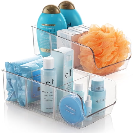 EatEx 2 Pack Clear Plastic Bathroom Vanity Storage Bin with Handles - Container Organizer for Soaps  Shampoos  Conditioners  Cosmetics  Hand Towels  Hair Brush  Body Spray  Lotion & More