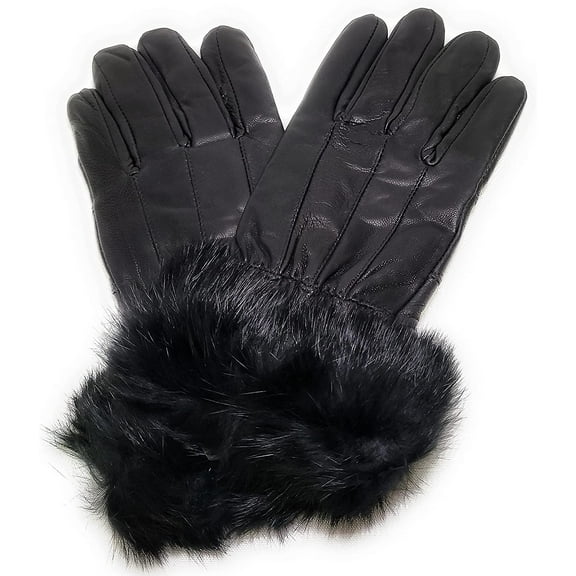 Texcyngoods Adult Womens Black Leather Gloves with Faux Fur Trim for Winter (Large)