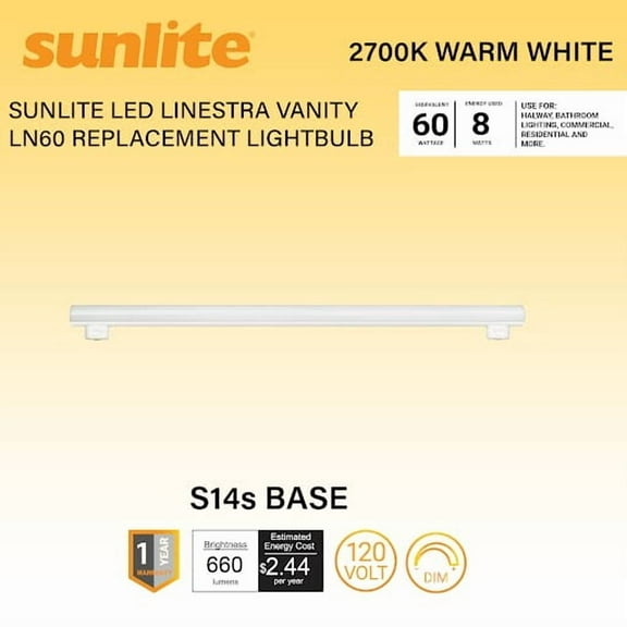 Sunlite LED Linestra, 8W, 660lm, 2700K, 19.5", S14s Base, Dimmable, 60W Eq, Soft White, 1pk          Ask ChatGPT