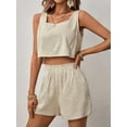 thumbnail image 5 of Womens 2 Piece Outfits Lounge Matching Sets Two Piece Linen Shorts Crop Tops Trendy Clothes Summer Vacation Set Khaki L, 5 of 7
