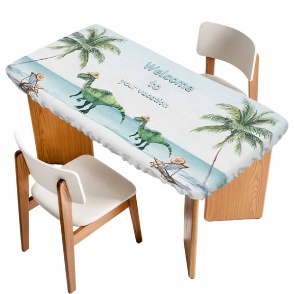 Coastal Table Cloths for 3 Foot Rectangle Tables, Summer Beach Nautical Ocean Palm Tree Patio Waterproof Elastic Fitted Tablecloths, Washable Rectangular Table Cover for Camping