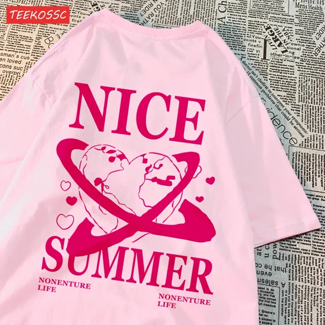 T-Shirts de Mode pour Femmes, Imprimé Gravité Terre, Manches Courtes, Col Rond, Vêtements Décontractés Doux, JZ177-Rose TTG