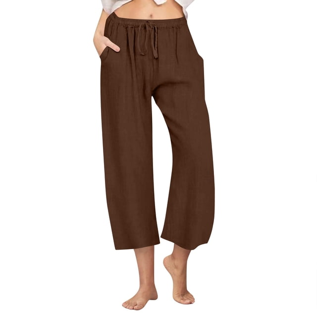 Pantalones de Cintura Elástica de Pierna Ancha para las Mujeres, Cordón de Lino Casual, Pantalones Recortados para las Mujeres