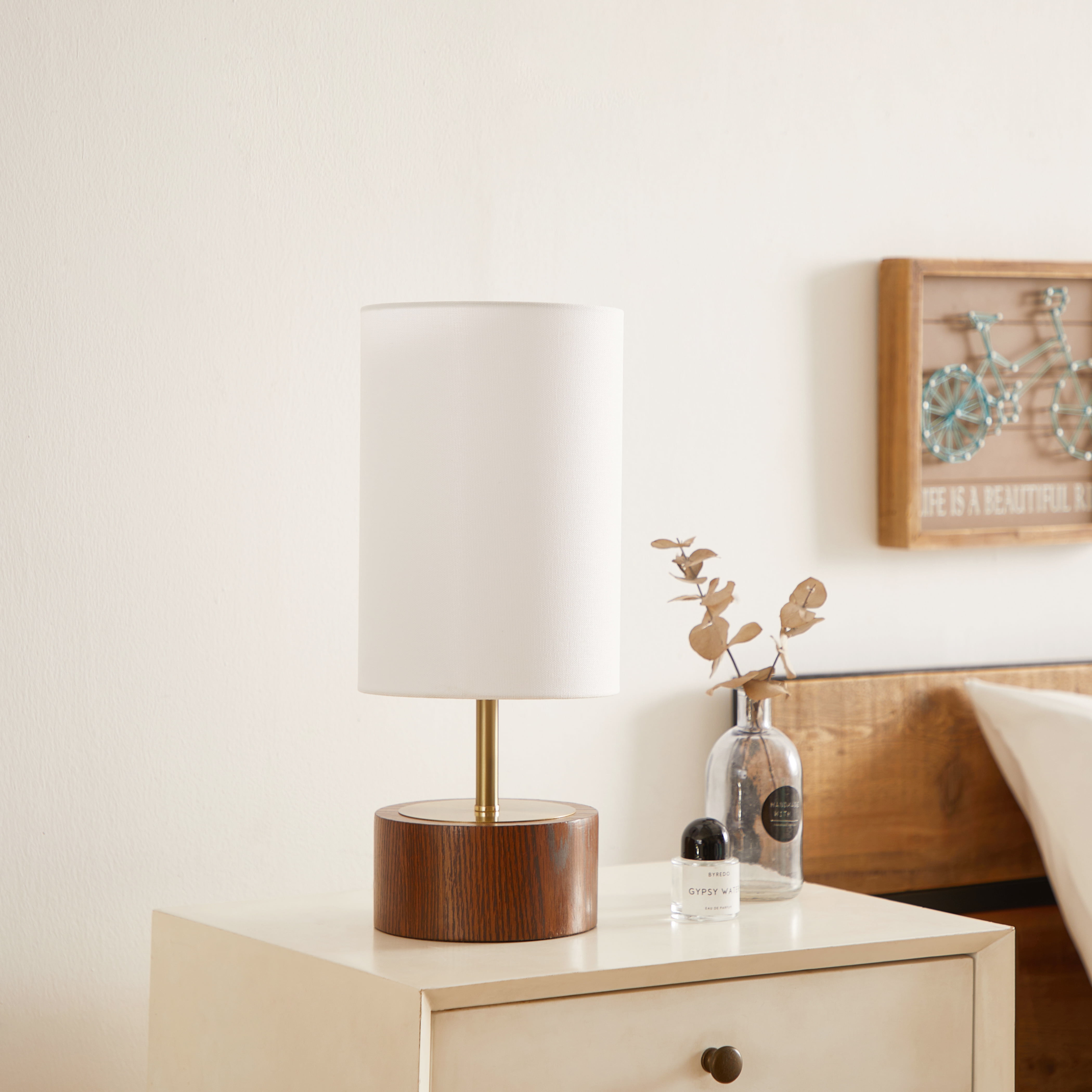Better Homes & Gardens 16.25" Walnut and Brushed Brass Finish Woodgrain Touch Table Lamp