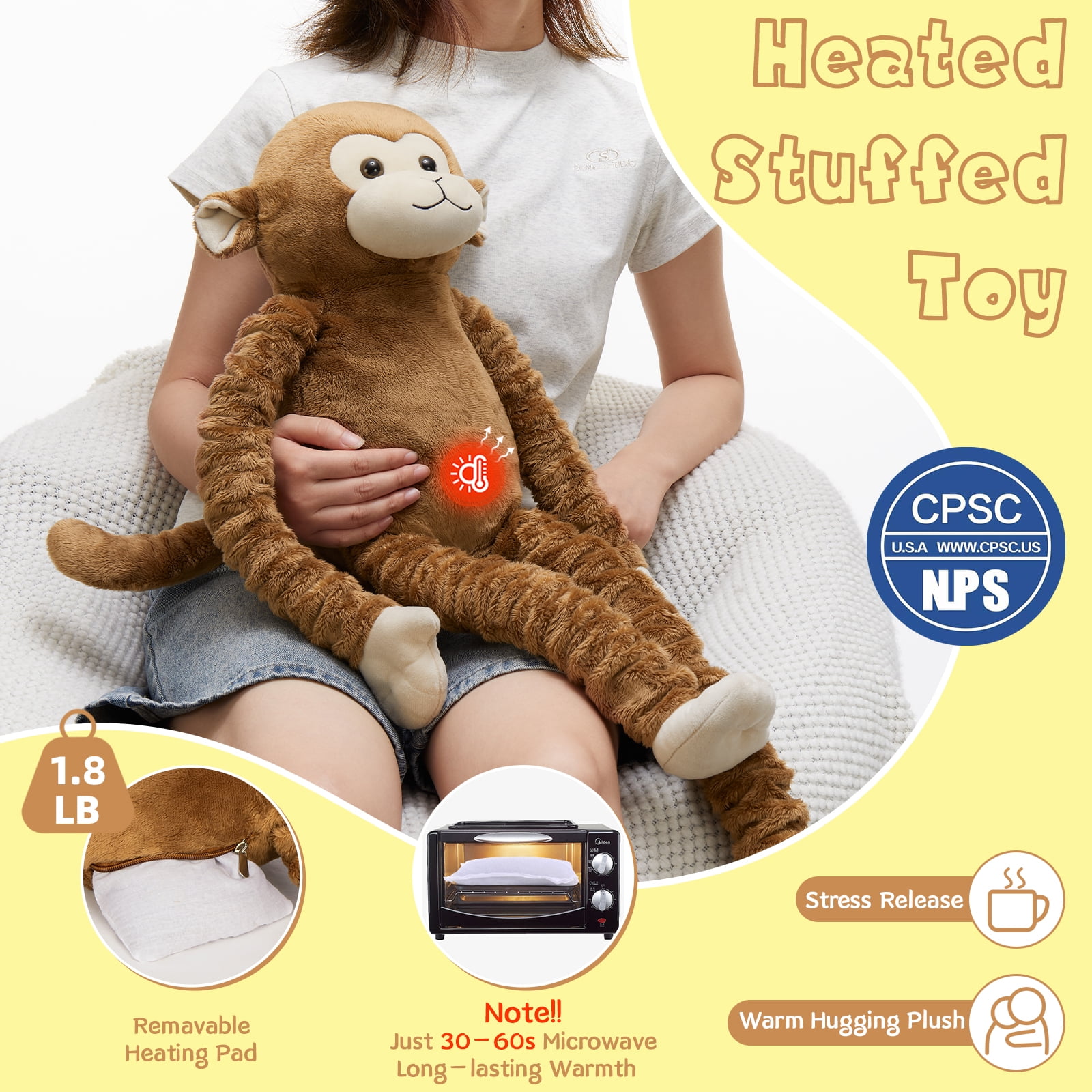 MorisMos Stretchable Long-Legged Monkey Stuffed Animal,Microwavable Heating Plush Toy
