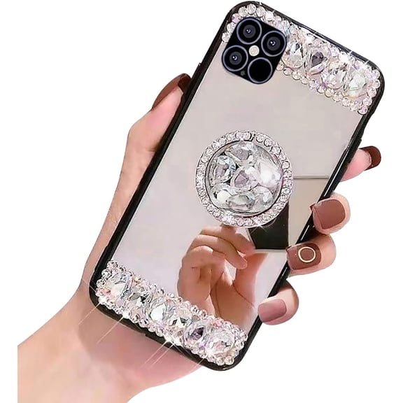 Bling Glitter Diamond Case for Samsung Galaxy S22 Ultra 5G,Women Girls Makeup Mirror Phone Case with Ring Holder Stand White,Sparkle 3D Handmade Rhinestone Flexible TPU Bumper Cover