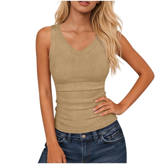 CHGBMOK Women Tank Top V Neck Ribbed Knited Sleeveless Top Solid Basic Tank Spring Summer Casual Slim Fit Tee Tops