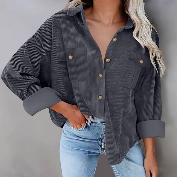 Womens Corduroy Shackets Fall Winter Long Sleeve Oversized Shirt Button V Neck Lapel Blouses Loose Jackets Dark Gray XXL
