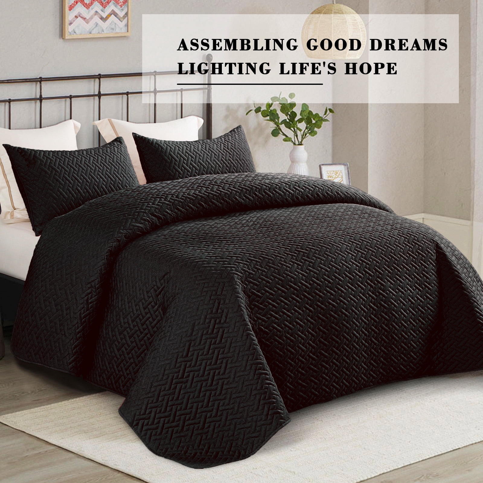 Exclusivo Mezcla 3-Piece Queen Size Quilt Set, Basket Quilted Bedspread/Coverlet/Bed Cover(90"x 96", Black)