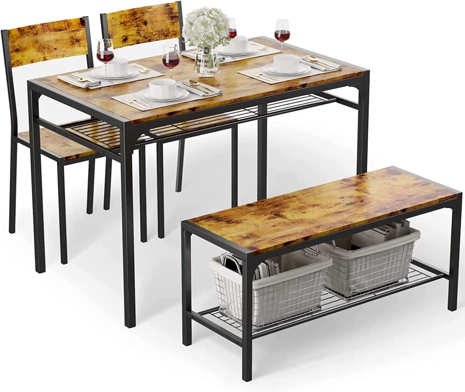 Lofka Retro Wooden Dining Table Set for 4 with Storage Bench Rack for Dining Room & Kitchen