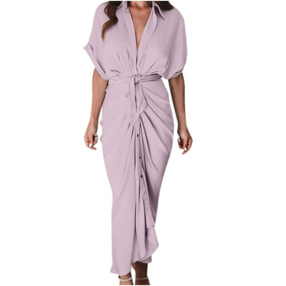 Bigersell Sundresses for Women Casual Beach Fashion Women's Summer Casual Short Sleeve Solid Button Split Opening Dress Club Dress Women A-Line Dresses, Style 15606, Pink S