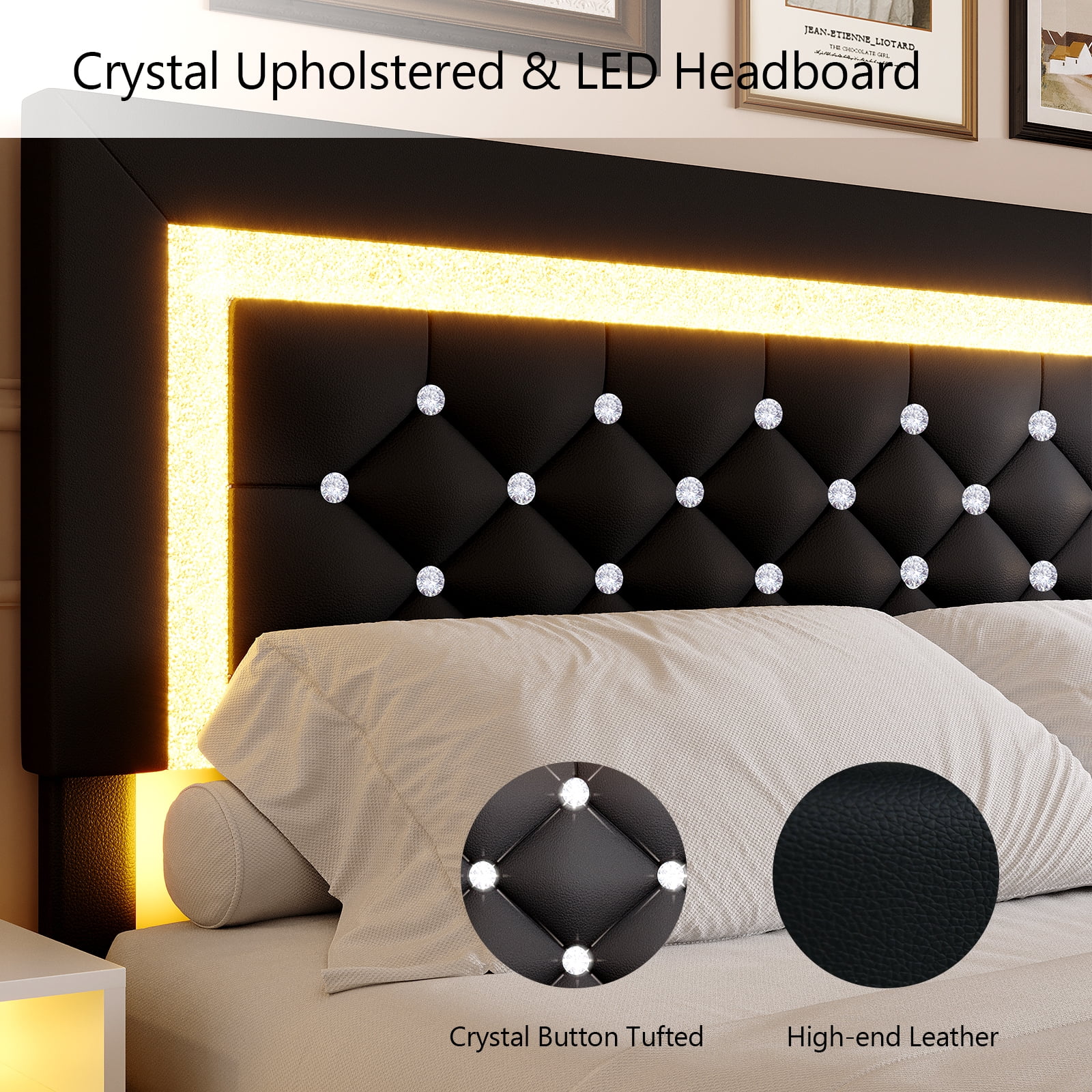 4 EVER WINNER Queen Size Floating Bed Frame with LED Lights, Upholstered Platform Bed Frame with Diamond Tufted Headboard, Black Queen Size Bed Frame, Black