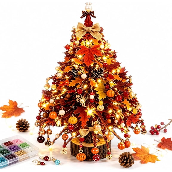 DIY Beaded Christmas Tree Kit, Fall Christmas Mini Tree with Warm Lights, Maple Leaves, Pinecones and Pumpkins for Tabletop, Home Decor, Holiday Party and Family Craft Gift