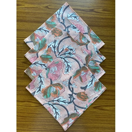 

Salmon Pink Teal Grey Indian Hand Floral Hand Block Printed 100% Pure Cotton Cloth Napkins 9x9 - Cocktail Napkins 20x20 - Dinner Napkins