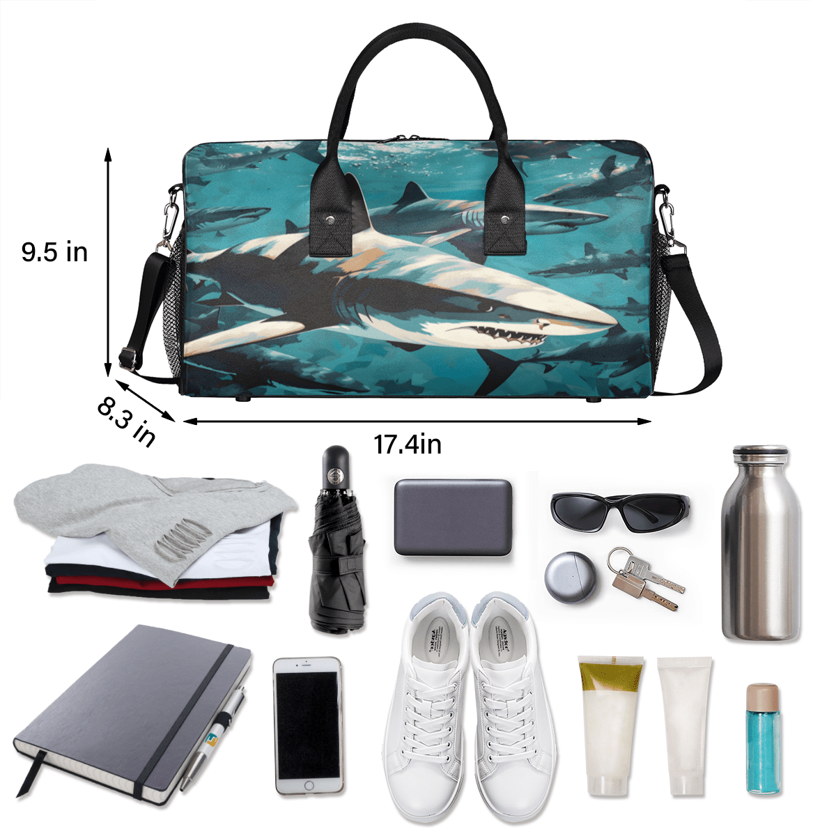 Herdesigns Shark Fish Gym Duffle Bag for Men Women, Travel Sports Bag Waterproof Lightweight Weekend Carry On Tote