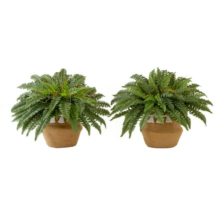 Nearly Natural 23in. Artificial Boston Fern Plant with Handmade Jute & Cotton Basket with Tassels DIY KIT (Set of 2), Green