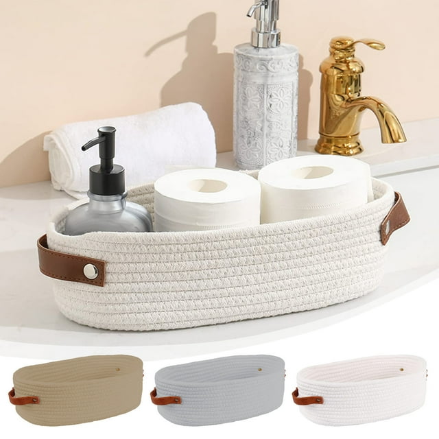Cesta de almacenamiento de algodón tejido Gris Caqui Blanco | Organizador de encimeras de baño 13x6x4in | Contenedor decorativo del depósito del inodoro | Duradero, con doble costura | Decoración de