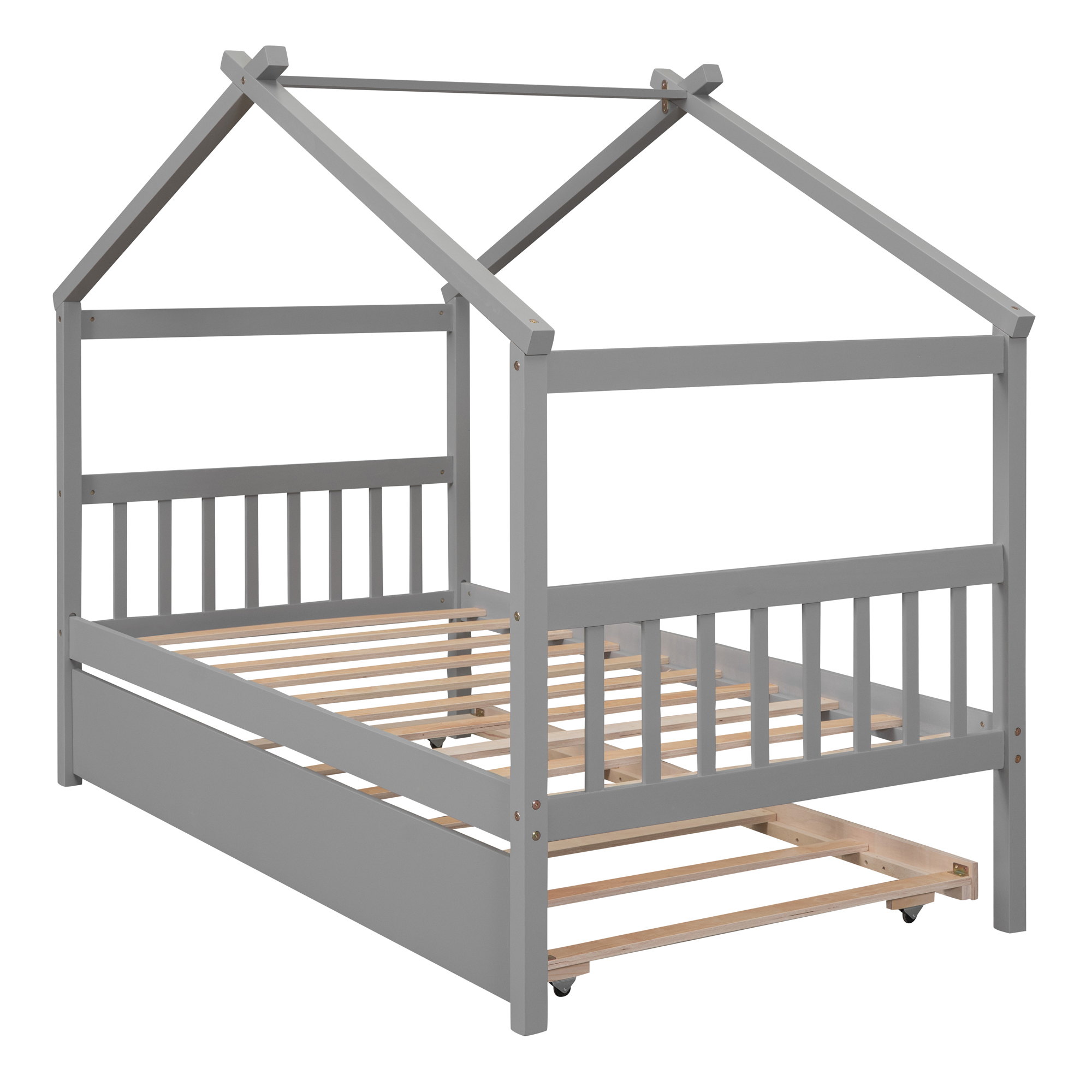 Bellemave Twin Size House Bed with Trundle, Wood Platform Bed Frame with House Shape Roof for Teens (Gray)