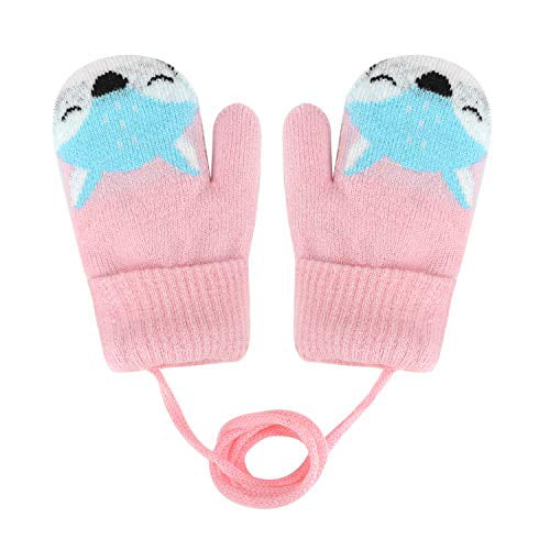 Cute Christmas Baby Knitted Mittens，Toddler Winter Gloves with Anti-Lost String Winter Warm Gloves ，Soft Thicken Plush Thermal Full Finger Gloves Hand Warmer for 0-3 Years Kids 