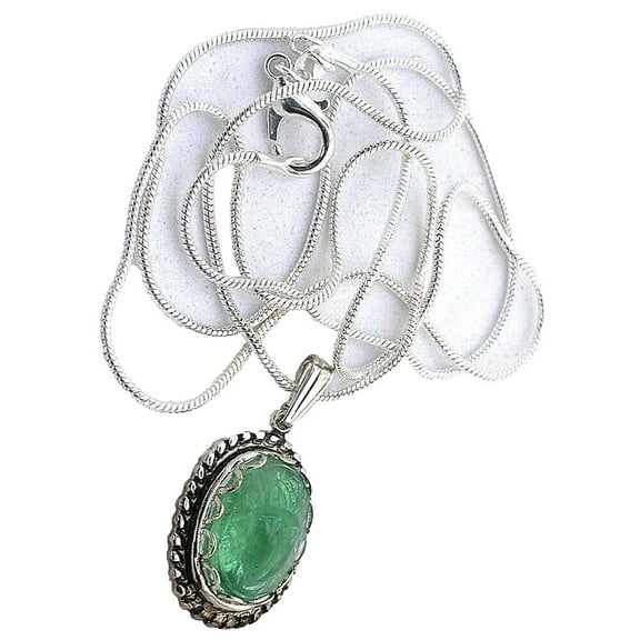 Occupied Japan Emerald-Glass Scarab Silverplated Bezel Pendant Chain Necklace