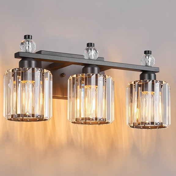 Deyidn 3-Light Black Bathroom Light Fixtures,Modern Bathroom Vanity Lights Fixture with Clear Crystal Glass Shade, Modern Crystal 3 Lights Wall Sconce for Mirror Bedroom Living Room